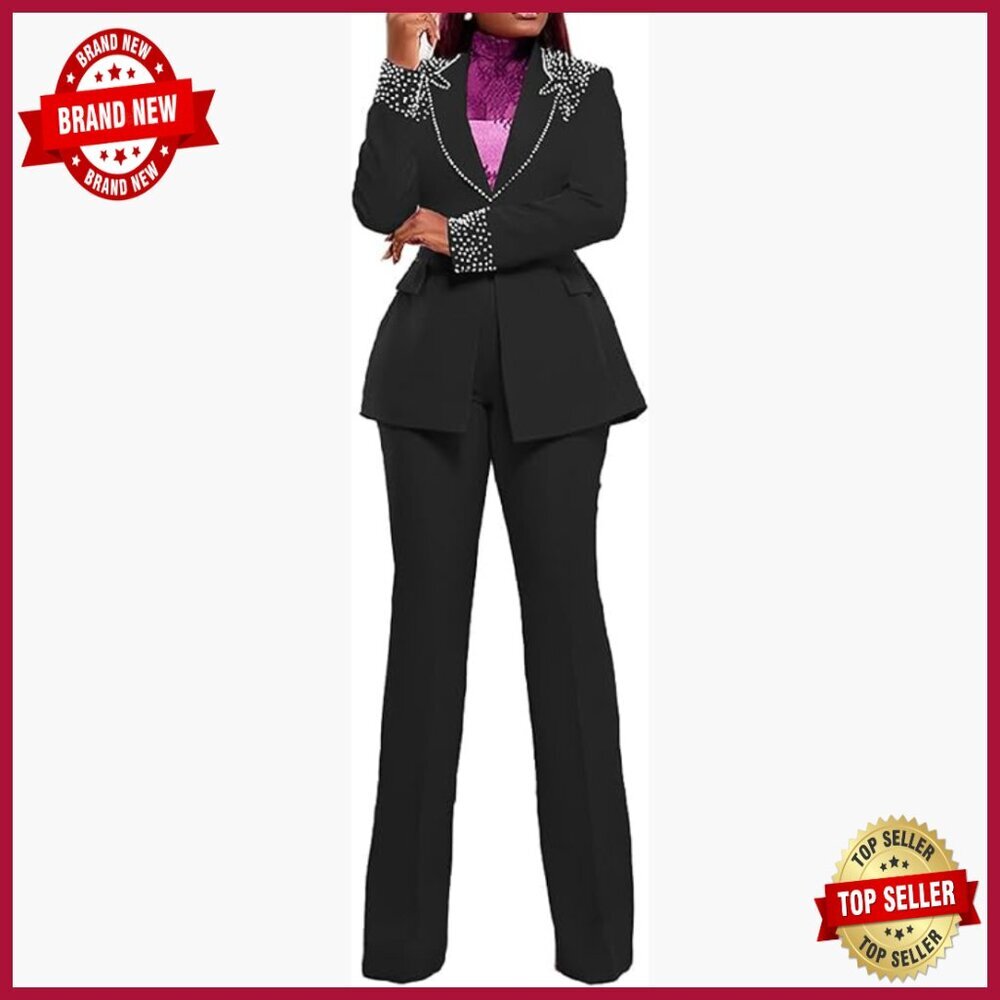 Business Pant Suit Set with Pearls, Slim Fit Blazer and Flared Pants
